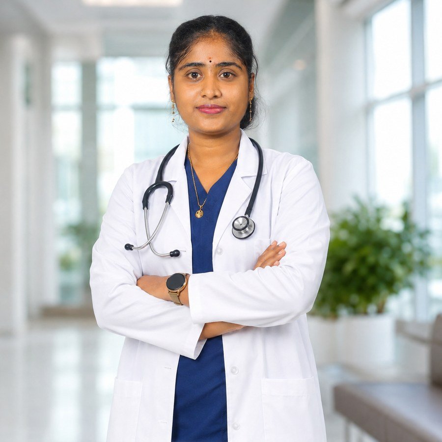 Dr. Bhavani Atru, physiotherapist, arms crossed in the clinic