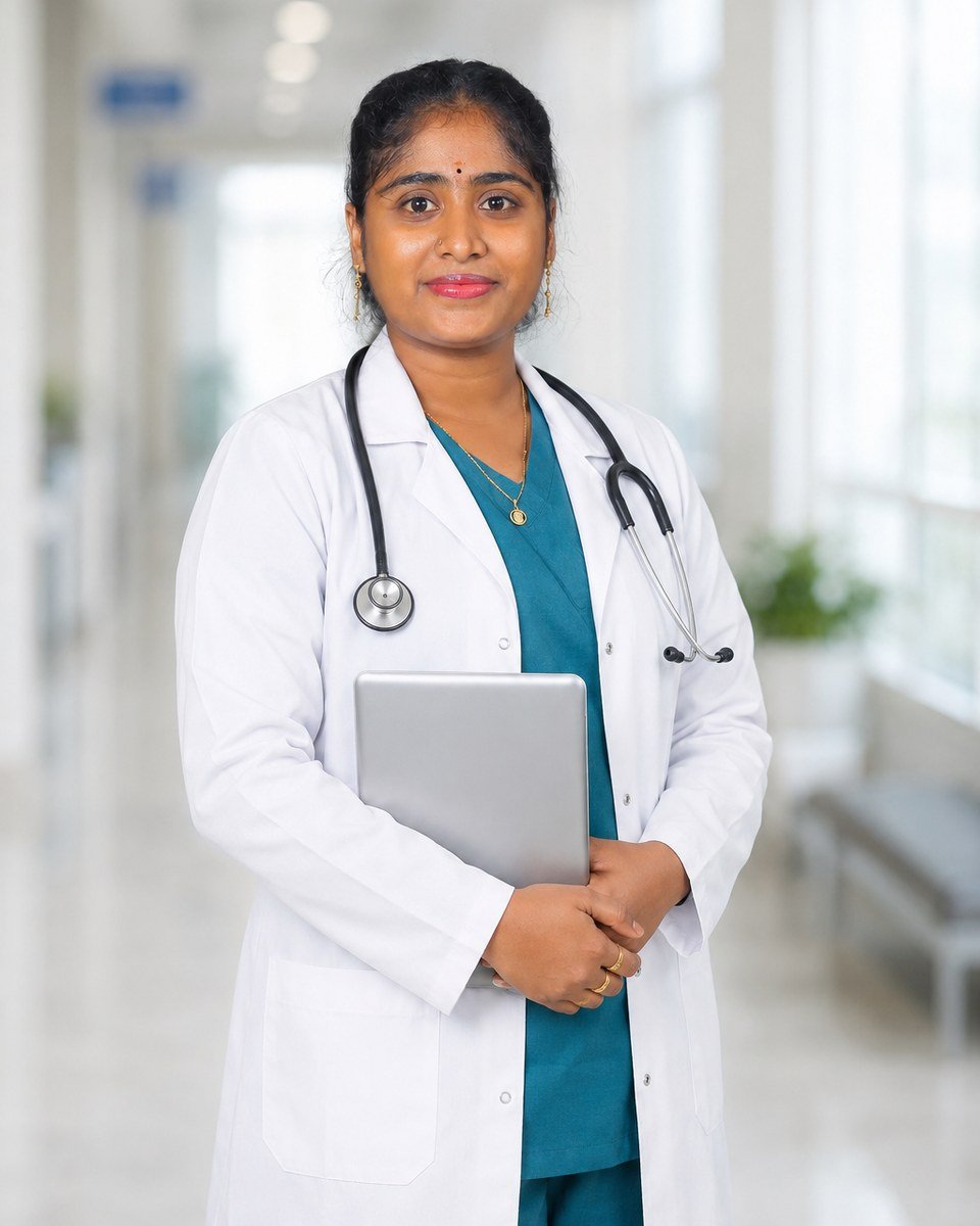 Dr. Bhavani Atru, physiotherapist, standing in the clinic hallway